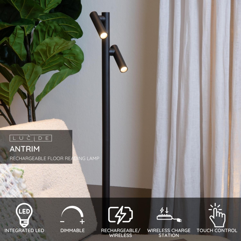 Lucide ANTRIM - Nabíjacia stojanová lampa na čítanie - Batéria - LED Dim. - 2x2,2W 2700K - IP54 - S bezdrôtovou nabíjacou podložkou - Čierna